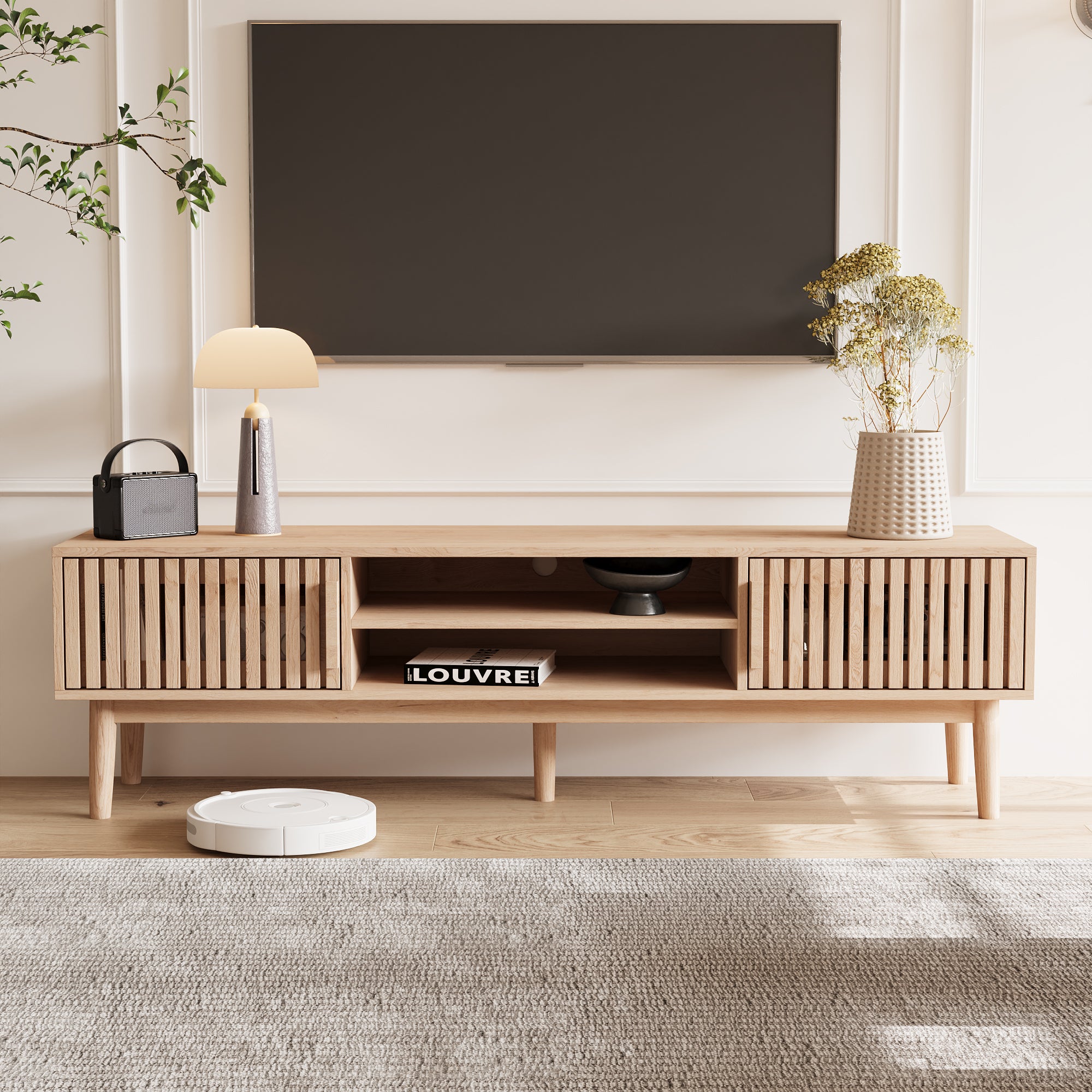 Meuble TV 150 cm bois massif style ferme, portes verticales, pieds ...