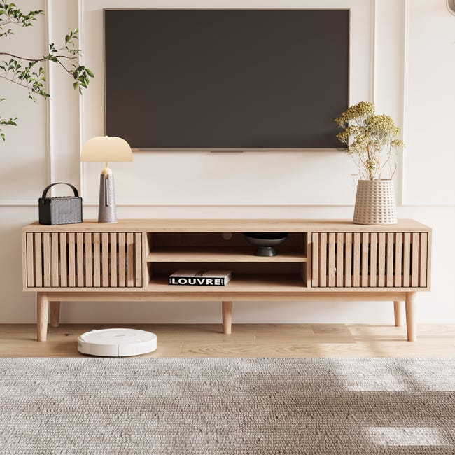 Meuble TV 150 cm bois massif style ferme, portes verticales, pieds ...