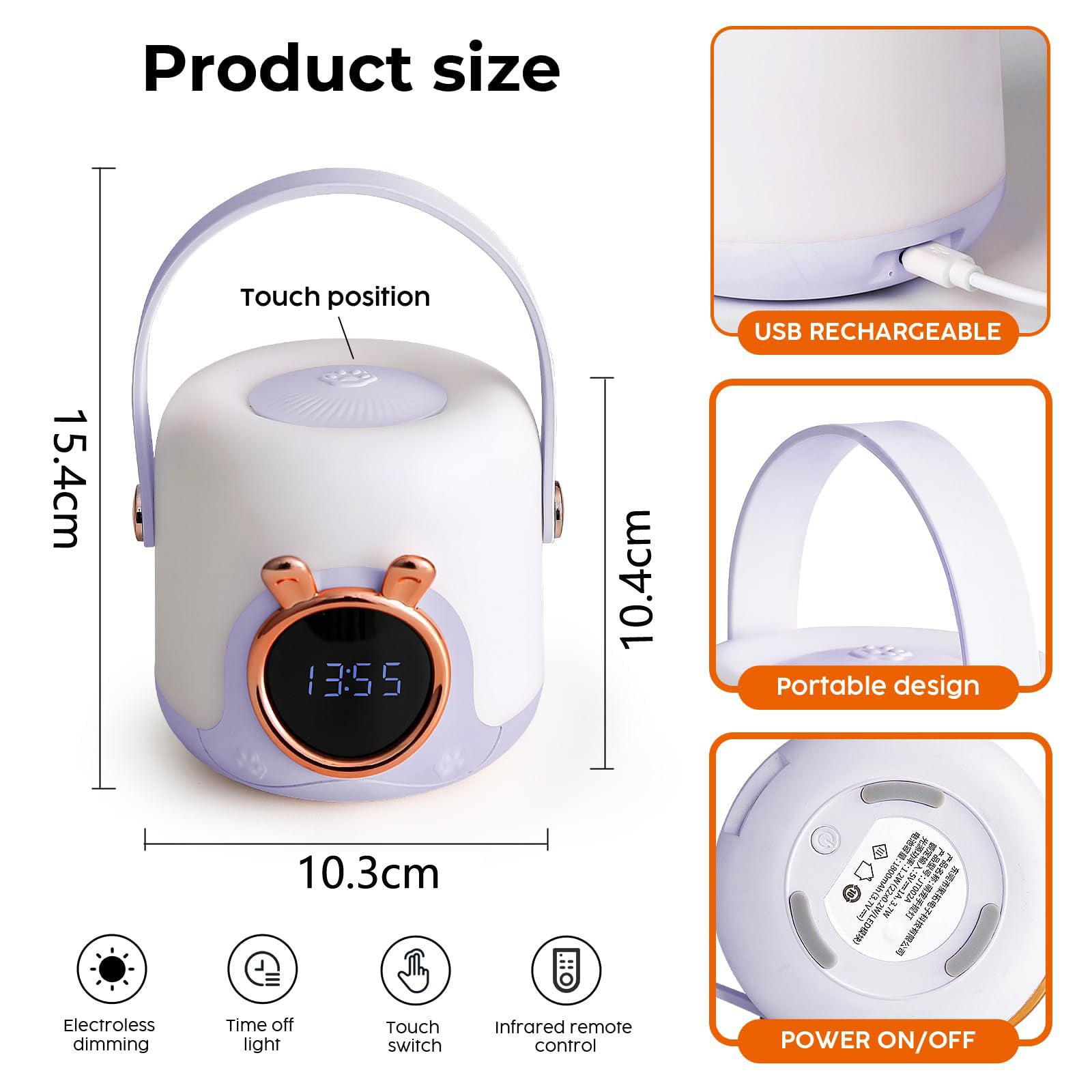 Luce notturna per bambini con orologio, luci notturne dimmerabili, lampada da tavolo portatile, 3 temperature di colore, 10,6*15,4 cm - 2