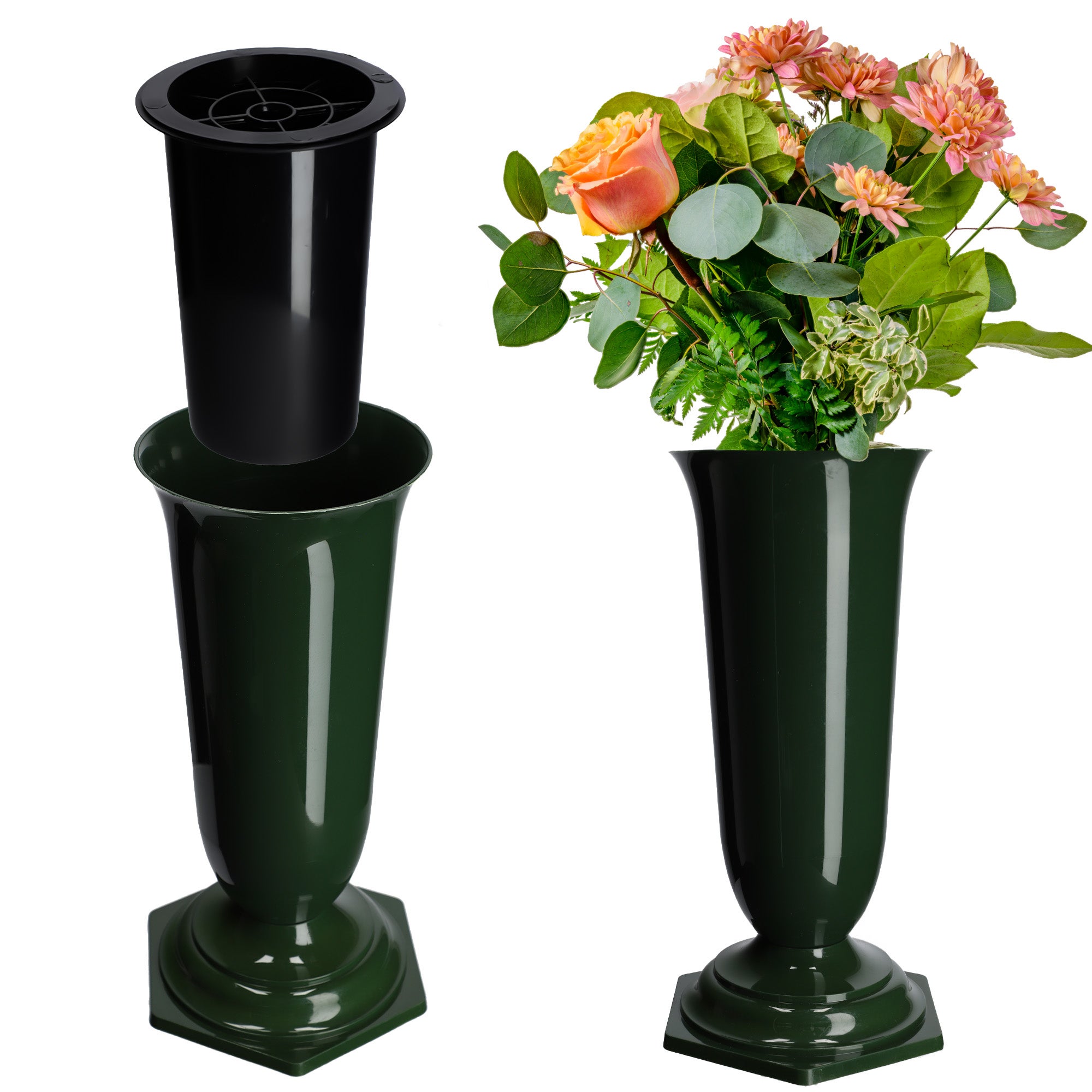 Vaso Portafiori Metallico A Cono Per Cimitero - Verde, A Prova Di Perdita, Diametro 12 Cm X Profondità 22 Cm - 5