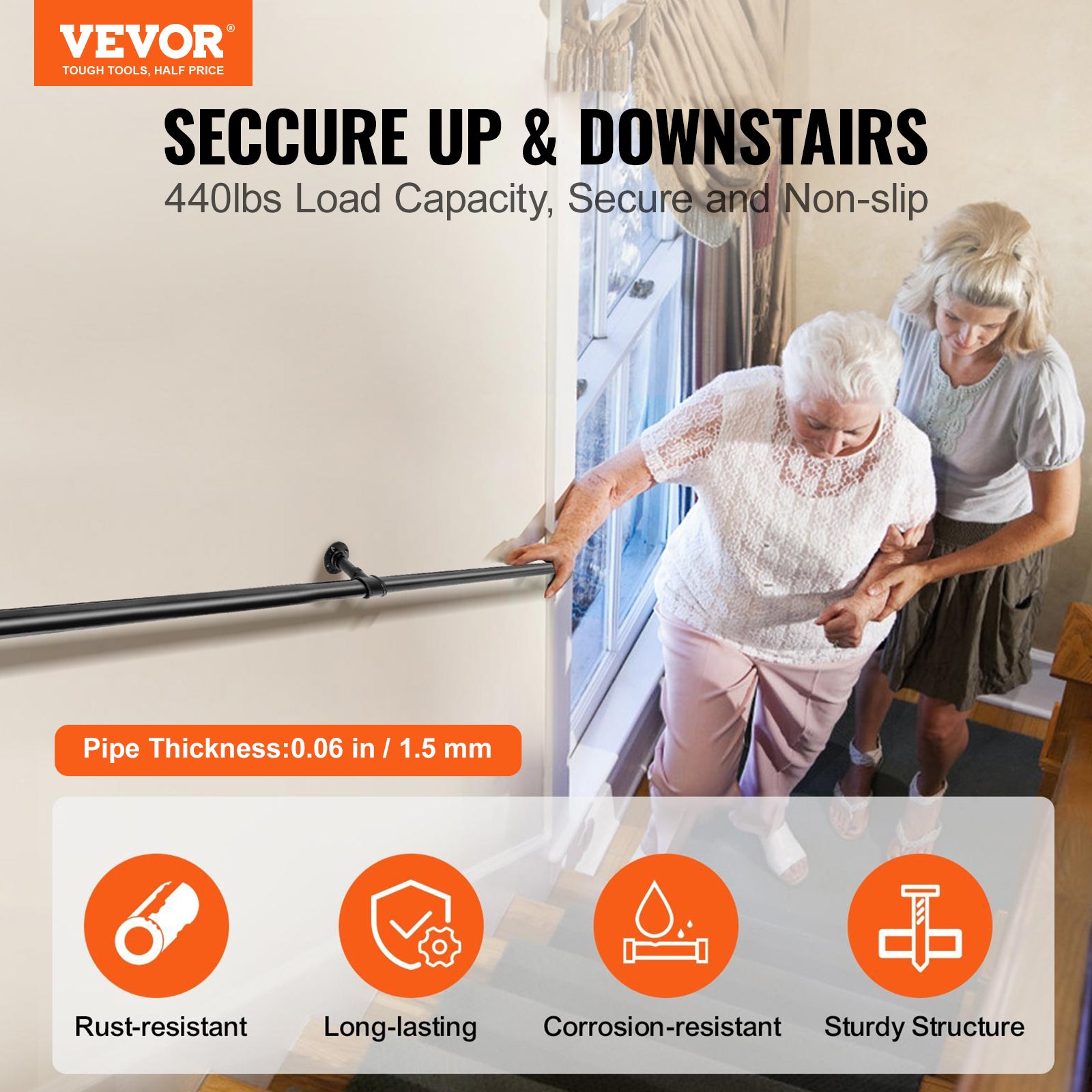 Rampe Escalier Murale VEVOR 1,52m Main Courante Acier Carbone Garde-Corps Métal Capacité Charge 200 kg/Tube Rambarde 2 Tubes 32 mm 3 Supports Muraux - 2