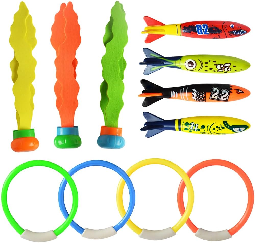 Aoreun Jouets De Plongée 11 Pièces – Anneaux, Torpilles Et Algues – Piscine, Plage, École – Jeu Sous-marin Été Enfant