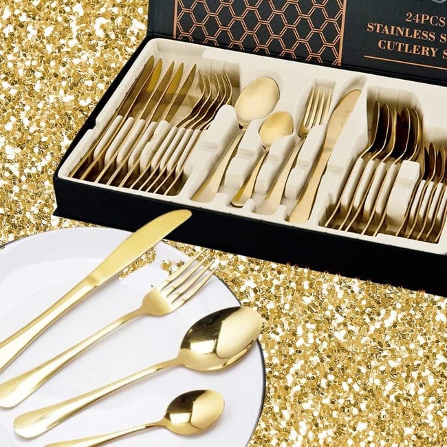 Servizio 36 Pezzi Vintage Oro In Acciaio Inossidabile, Colore Oro Opaco Lavorazione Della Supperficie Con Impiantazione Di Titanio Pvd Mepra S.p.a. 1097vi22036 Servizio 36 Pezzi Vintage Oro In Acciaio Inossidabile, Colore Oro Opaco Lavorazione Della Supperficie Con Impiantazione Di Titanio Pvd Mepra S.p.a. 1097vi22036