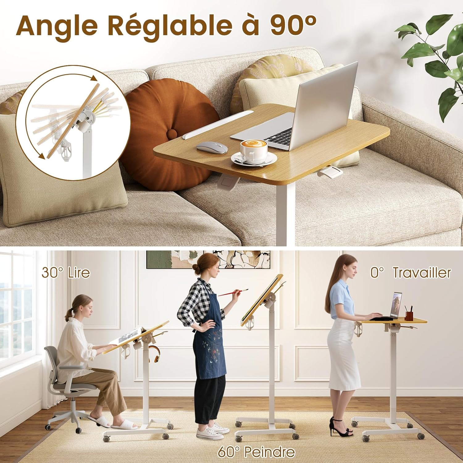 Bureau Assis-Debout, Hauteur Réglable 76-111cm, Plateau Inclinable à 90°, Mobile avec roulettes (2 Verrouillables), avec Crochet et Porte-gobelet - 5
