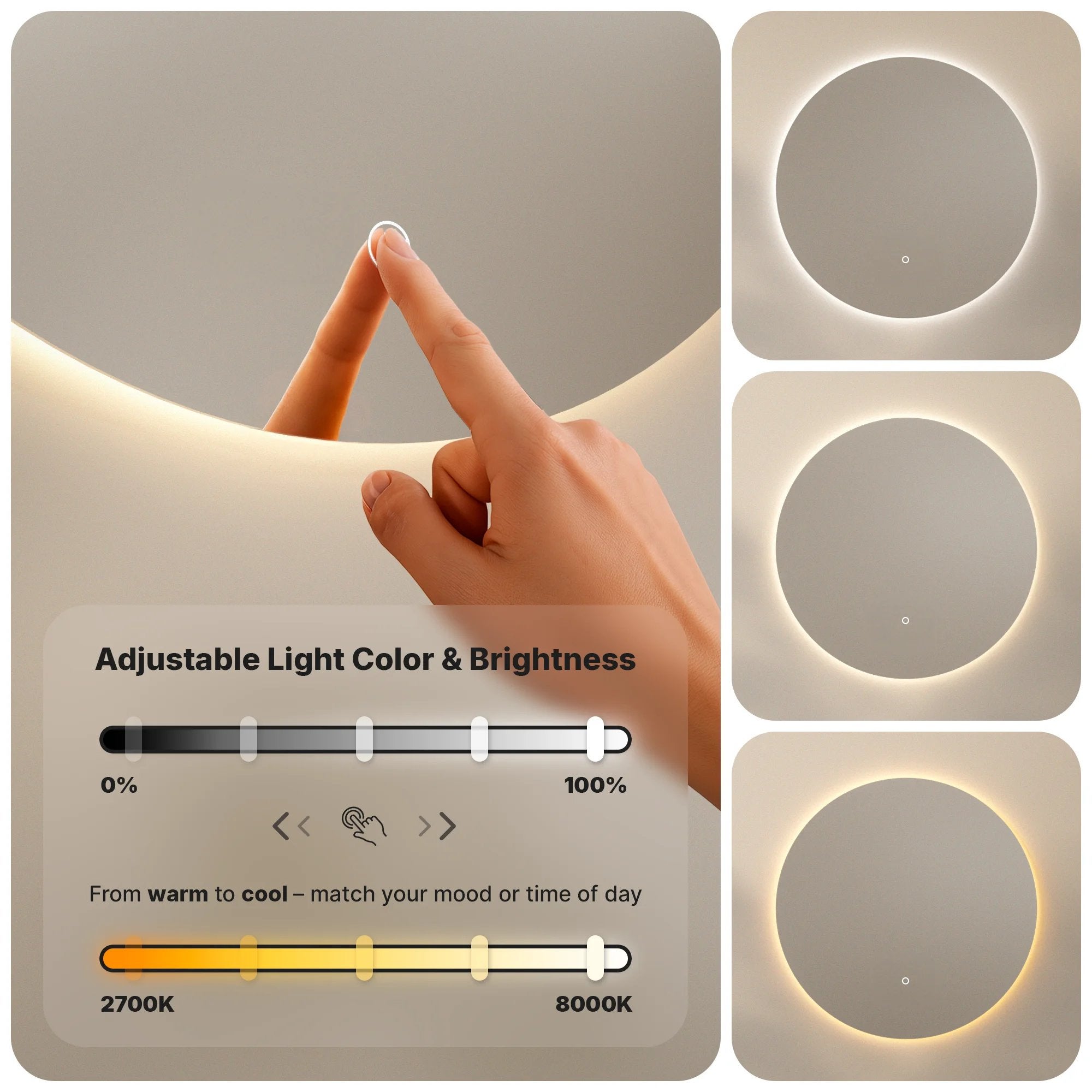 Mirlux Espejo de baño con iluminación LED y calefacción - Espejo de pared redondo - Espejo de ducha antivaho - 80 cm - 3