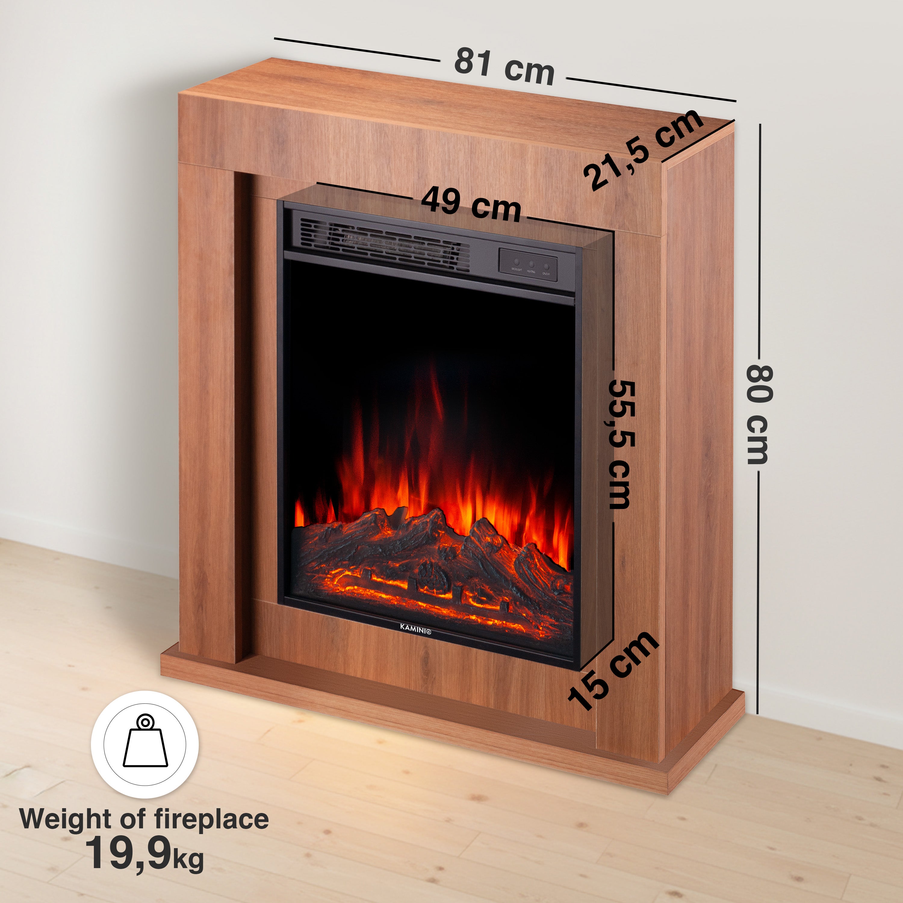 KAMINIO Cheminée électrique MATTI - Cheminée sur pied avec chauffage, effet de flamme 3D, lumière d'ambiance LED, télécommande - 32 pouces, Chêne - 6