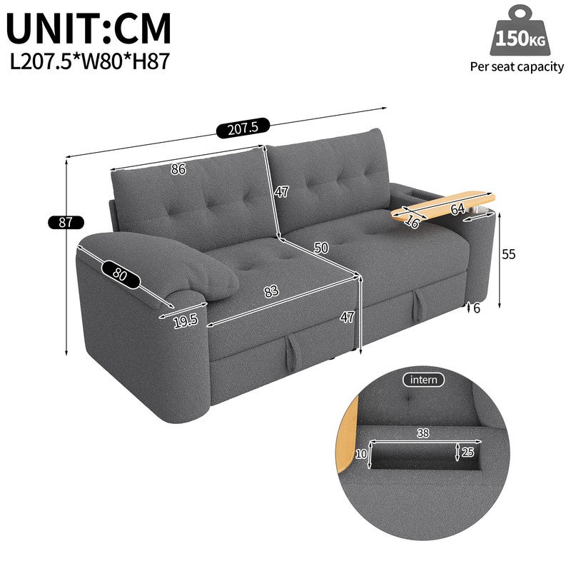 Canapé Modulaire 3 Places avec Rangement Intégré, Canapé d'Appoint avec Table Amovible - 207.5 x 80 x 87 cm - Gris - 4