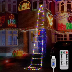 MONZANA® Babbo Natale Con Scala A Luci LED – 90cm, 48 LED Bianco Caldo, Timer 6h E 8 Modalità Luminose, Per Interni Ed Esterni, Decorazione Natalizia XL