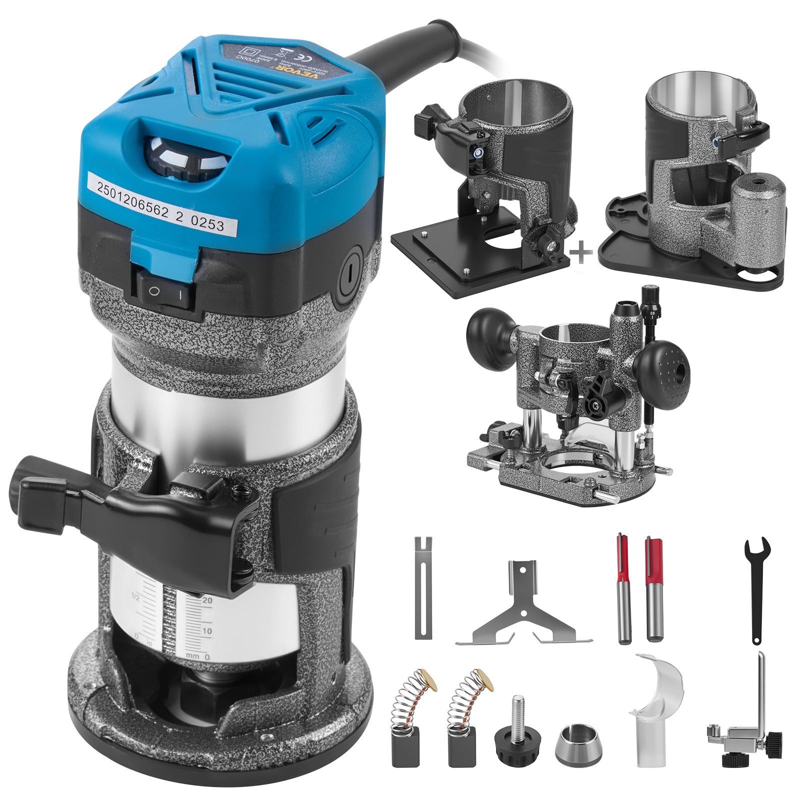 Max Torque 710W, Kompaktowy frez o zmiennej prędkości 30 000 obr./min z tulejami zaciskowymi 1/4 "i 3/8" 1x Podstawa wgłębna 1x Podstawa pochyle VEVOR