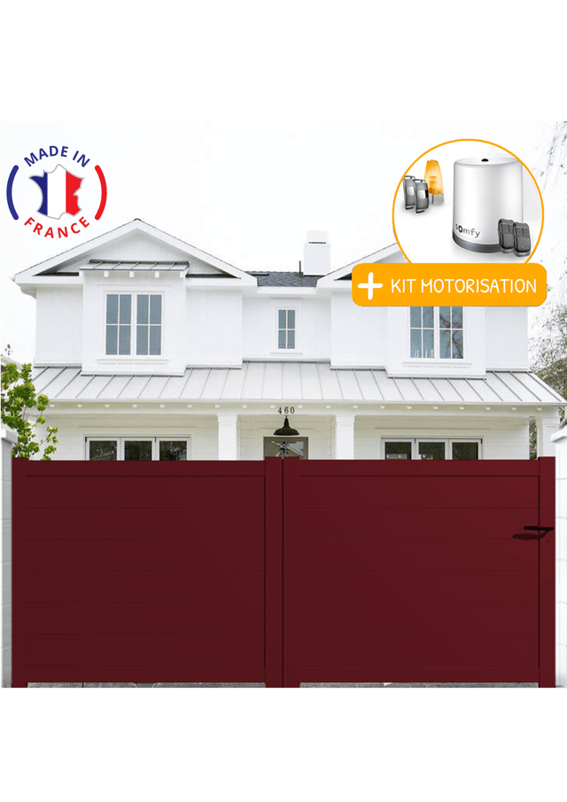 Portail aluminium coulissant plein en kit + Motorisation dimensions L.3500 (entre piliers) X H.1700 mm Couleurs Rouge (RAL 3004)