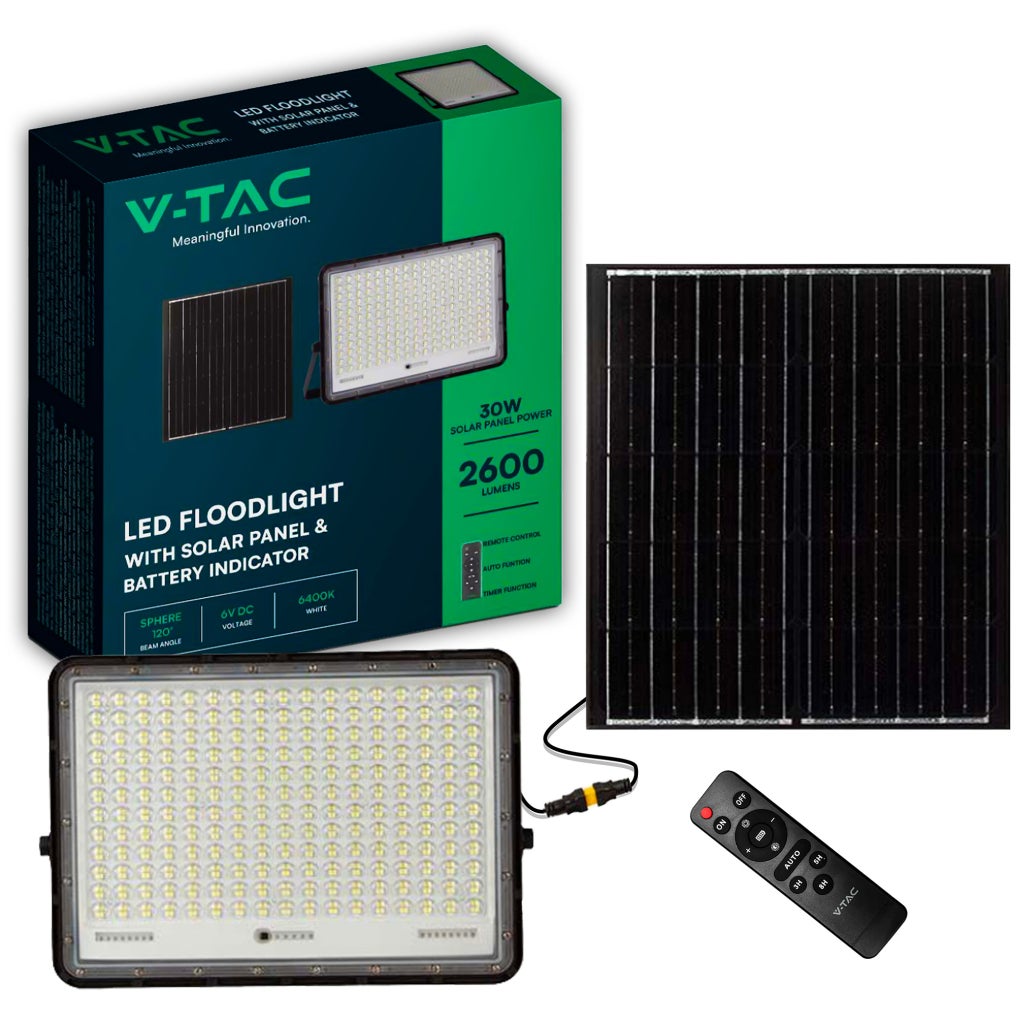 Reflektor LED z pilotem i panelem słonecznym, 30 W, wymienna bateria, kabel 3 m, kolor czarny, 6400 K