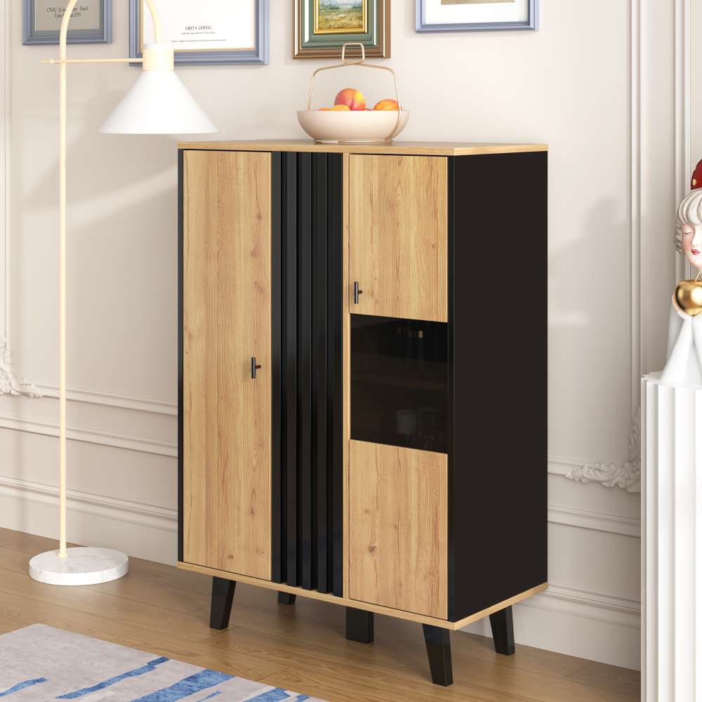 Nowoczesna designerska komoda z oświetleniem LED, szklaną witryną, dużą pojemnością, eleganckim połączeniem czerni i drewna