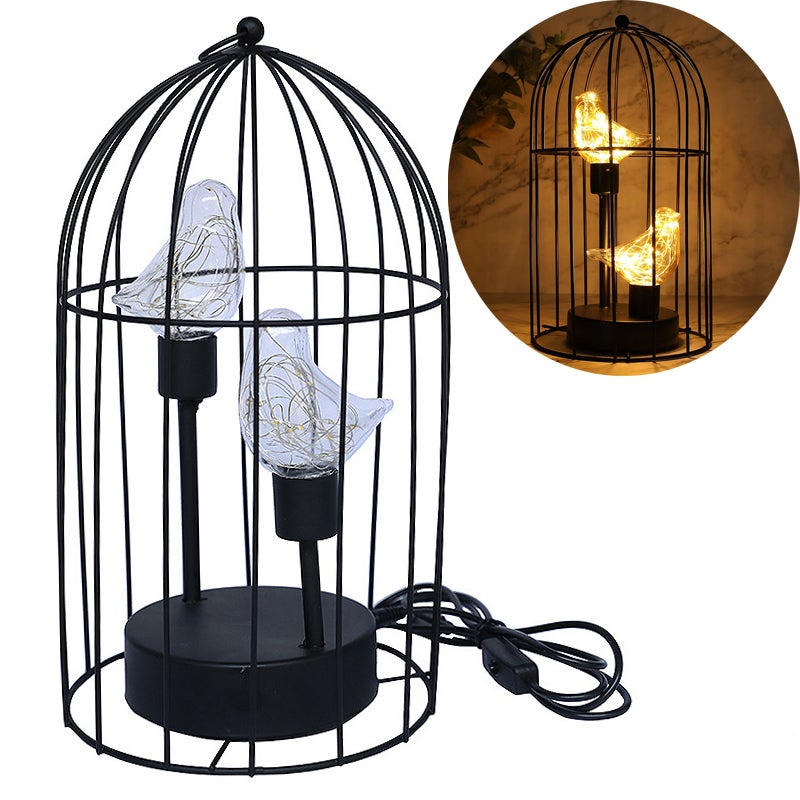 Lampa dekoracyjna w kształcie klatki dla ptaków, zasilana przez USB, idealna do salonu, sypialni, kuchni, na wesele lub Boże Narodzenie.