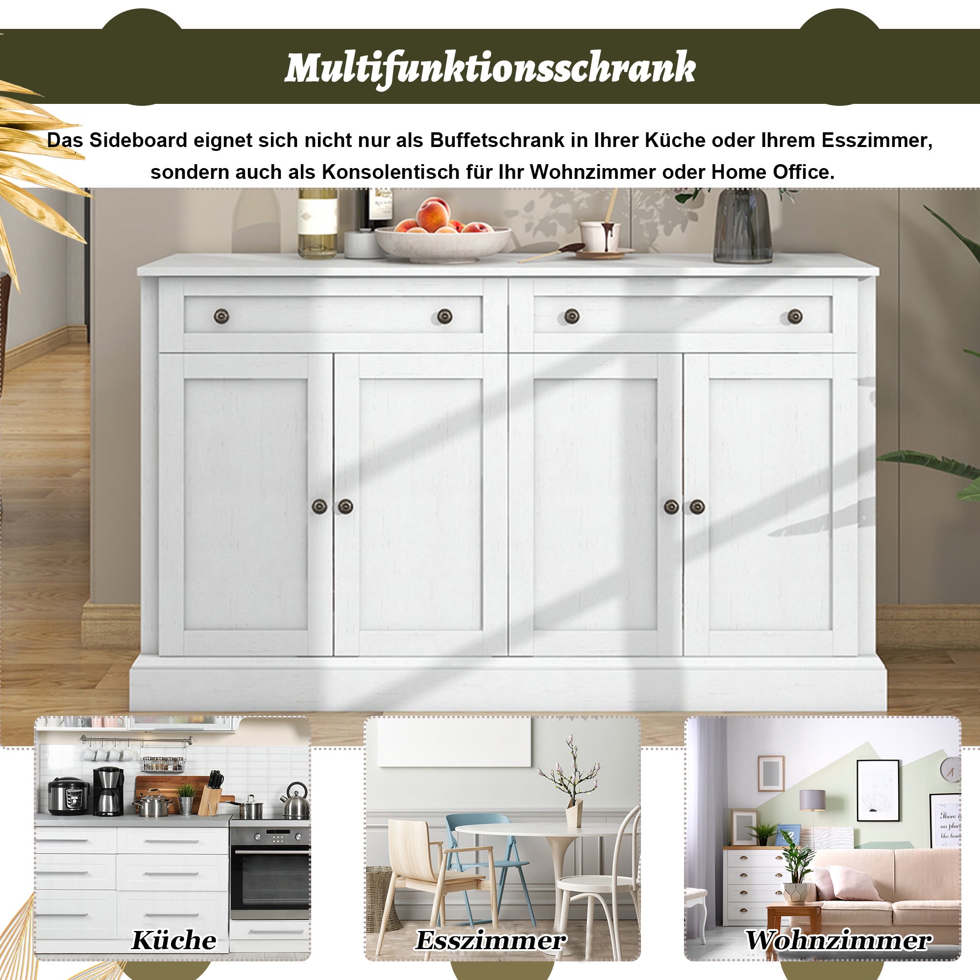 Credenza con 4 ante e 2 cassetti - legno MDF e maniglie in metallo - colore rovere e bianco - 150 x 40 x 86 cm - 5