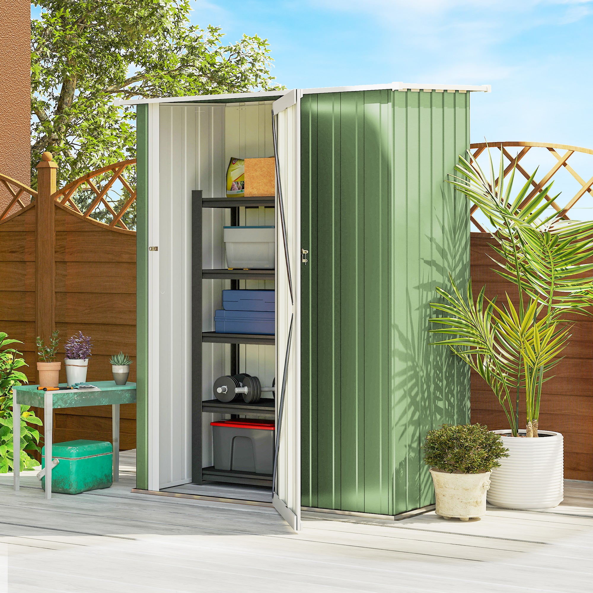 Cet abri de jardin en métal a une superficie de 1,07 mètre carré, un toit en pente, une porte verrouillable et un abri à outils. - 3