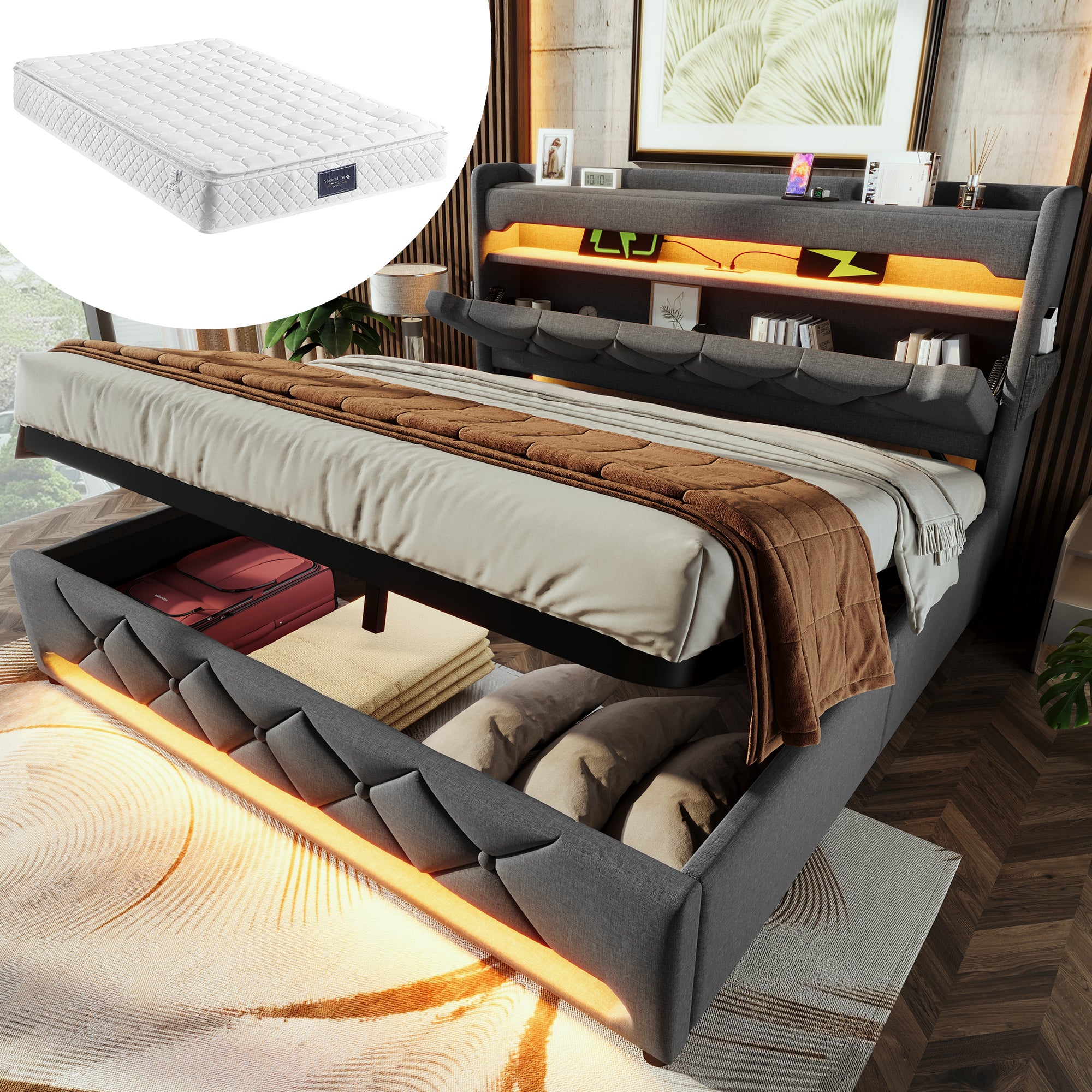 Letto contenitore imbottito 180×200 cm con testiera ampia - tessuto in lino - con rete a doghe