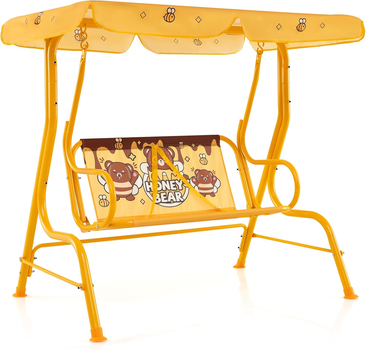Huśtawka Ogrodowa dla Dzieci, Huśtawka dla Dzieci 2-Osobowa z Regulowanym Daszkiem i Pasami Bezpieczeństwa, Nośność 80 kg (Żółty Miś)