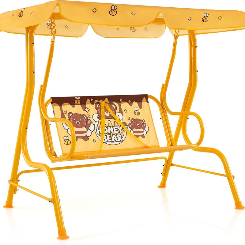 Huśtawka Ogrodowa dla Dzieci, Huśtawka dla Dzieci 2-Osobowa z Regulowanym Daszkiem i Pasami Bezpieczeństwa, Nośność 80 kg (Żółty Miś)