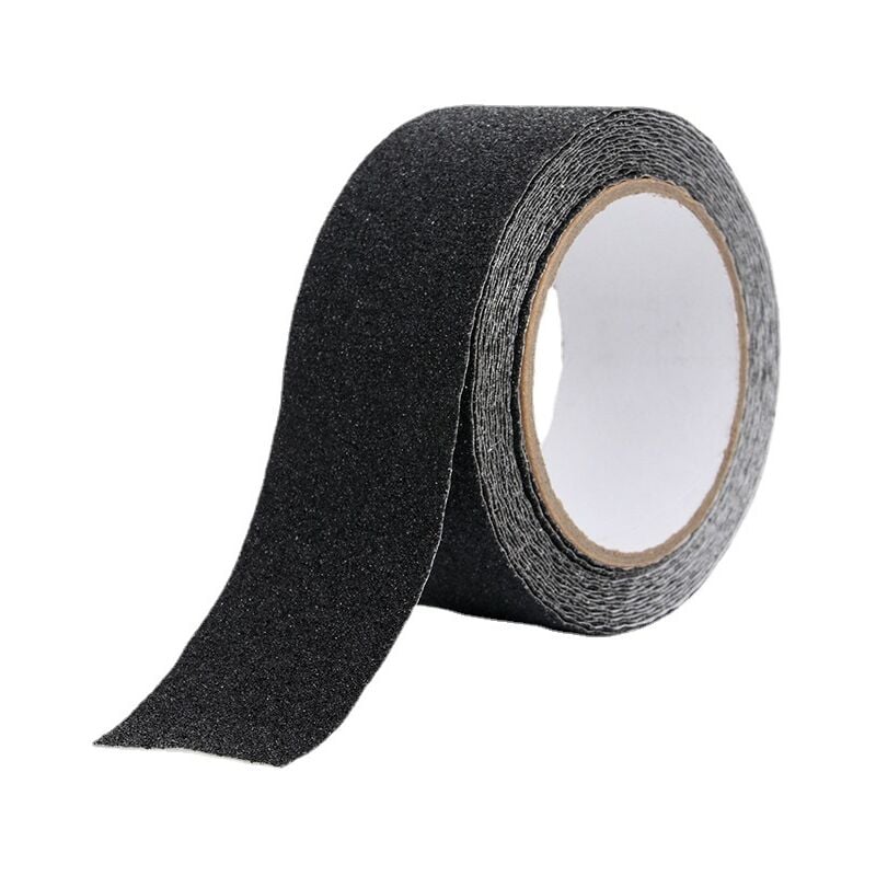Czarna taśma antypoślizgowa o wymiarach 5m x 5cm i mocnym kleju, przeznaczona do stosowania wewnątrz i na zewnątrz budynków, w pracy i w domu.