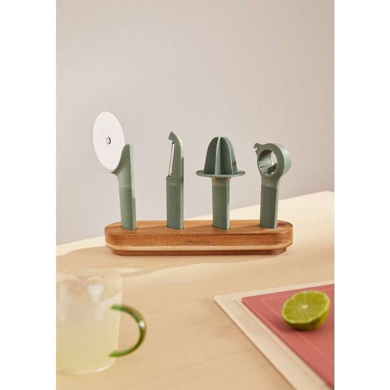 KITCHENWARE STUDIO - Zestaw 4 przyborów kuchennych z drewnianym stojakiem