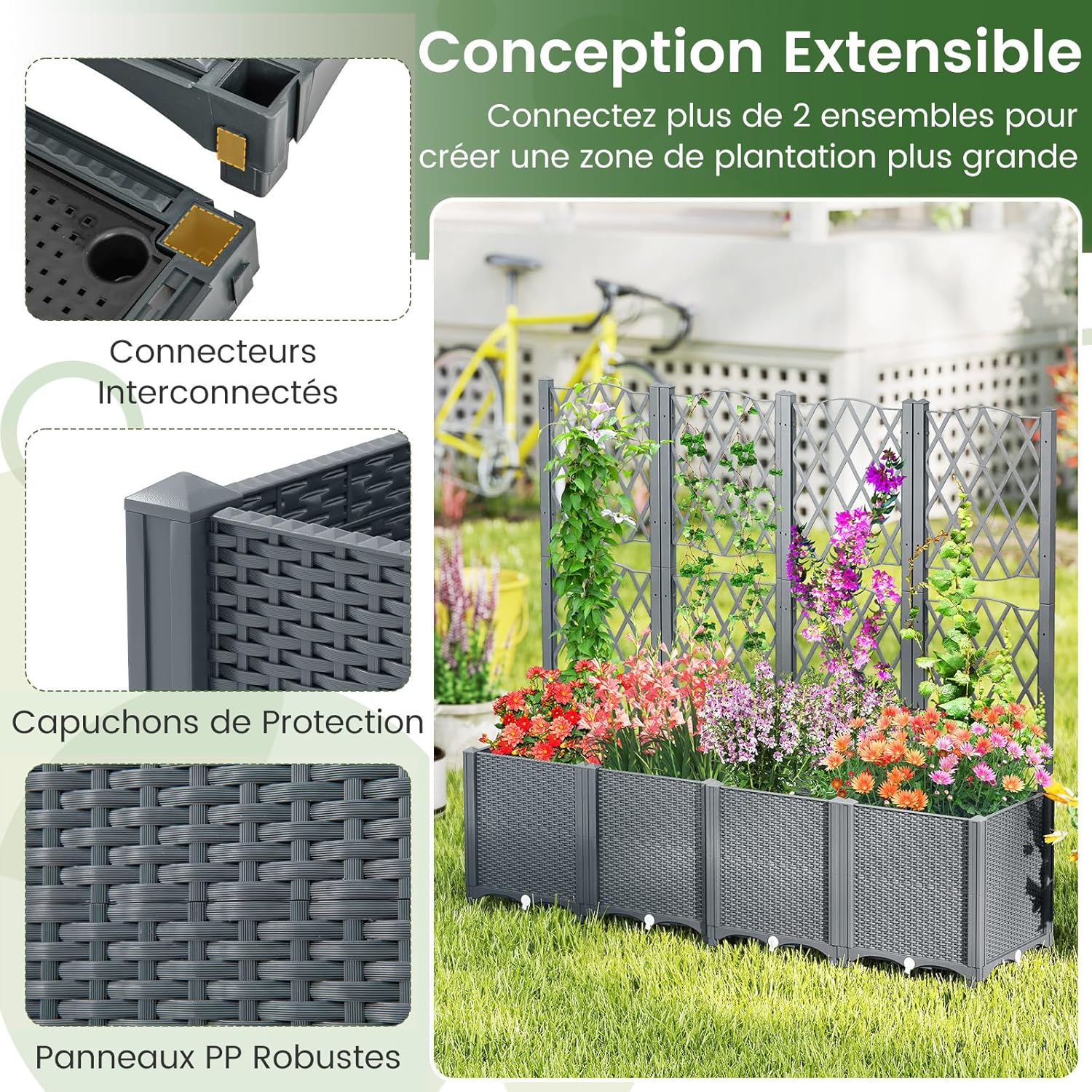 Jardinière avec Treillis sur Pied, Double Bac de Plantation Auto-arrosage en Rotin PP avec Trou de Drainage, Fleurs, Gris, 80 x 40 x 140 cm - 5