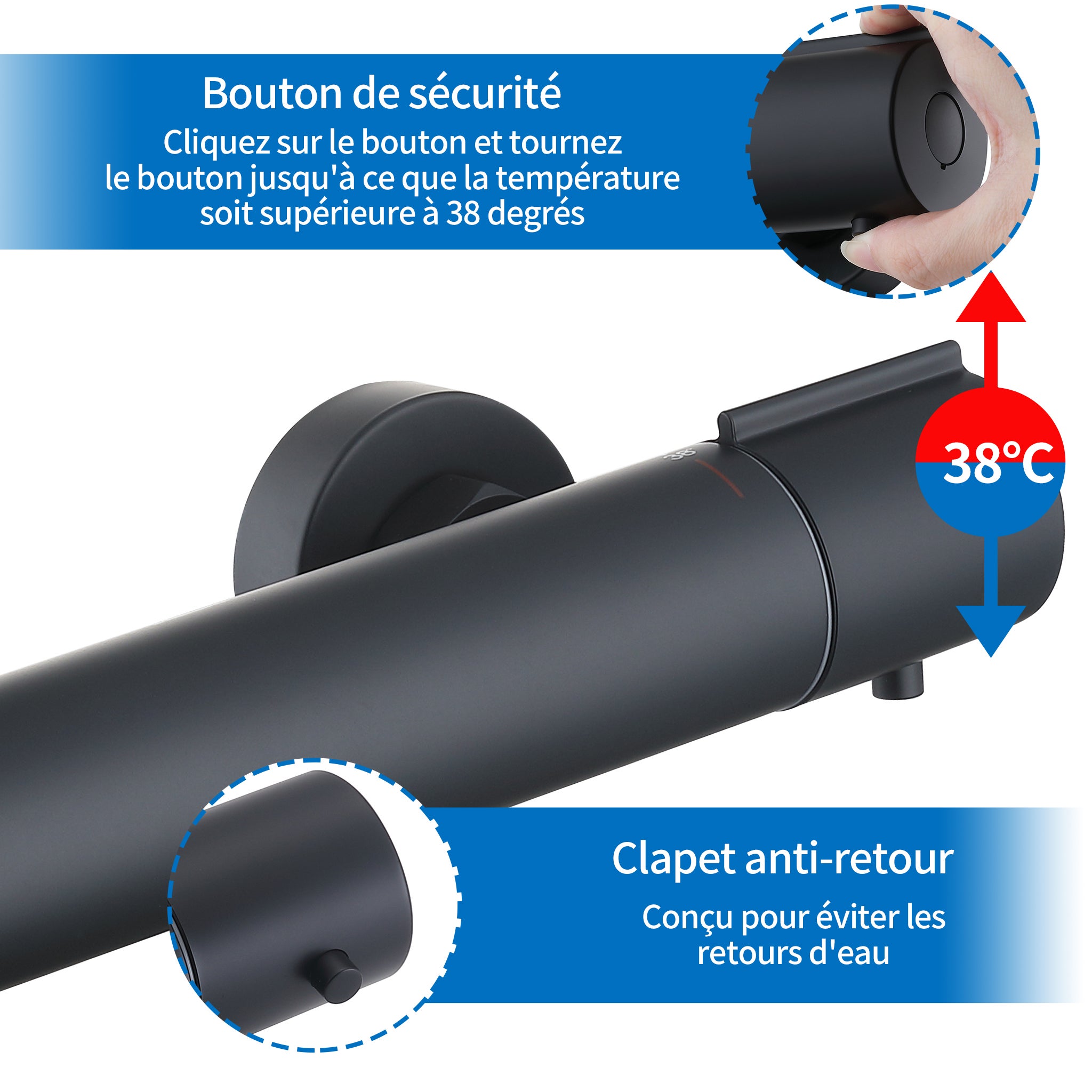 Mitigeur Thermostatique de Douche à 38°C Robinet de Baignoire en Laiton avec Verrou Sécurité Robinet de Douche Noir - 3