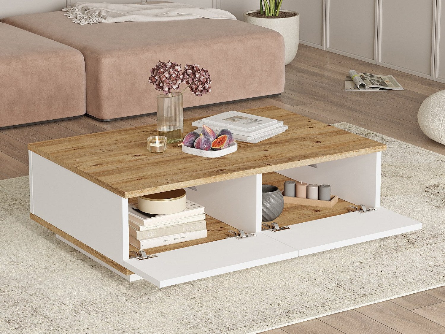 Table basse avec 2 portes - Naturel et Blanc - LOTULA - 5