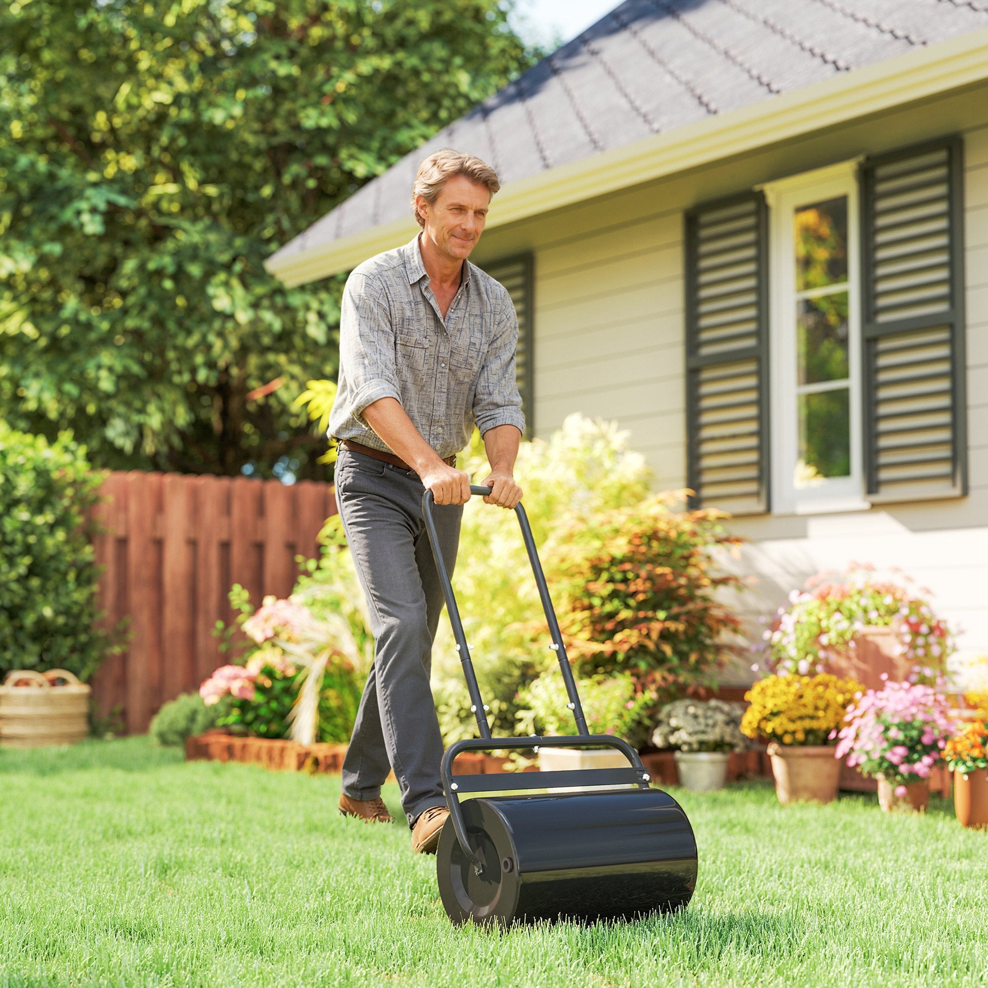 Outsunny Rullo da Giardino Ø32x50 cm in Metallo Impermeabile Nero, Serbatoio 38 Litri max (Acqua o Sabbia) - 2