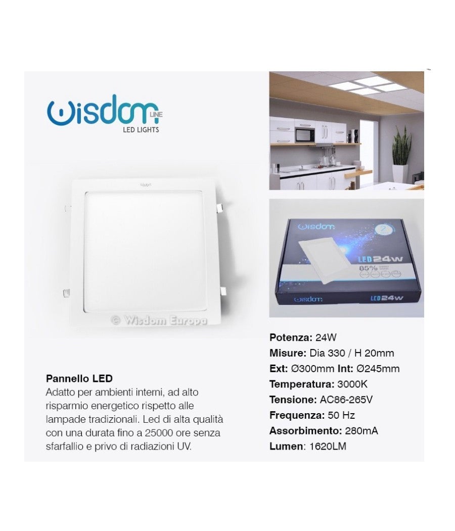 Trade Shop - Pannello A Led Tondo O Quadrato Ad Da Incasso Luce Fredda Calda Neutra Wisdom - Bianco Freddo-24 Watt -quadrato - - 2