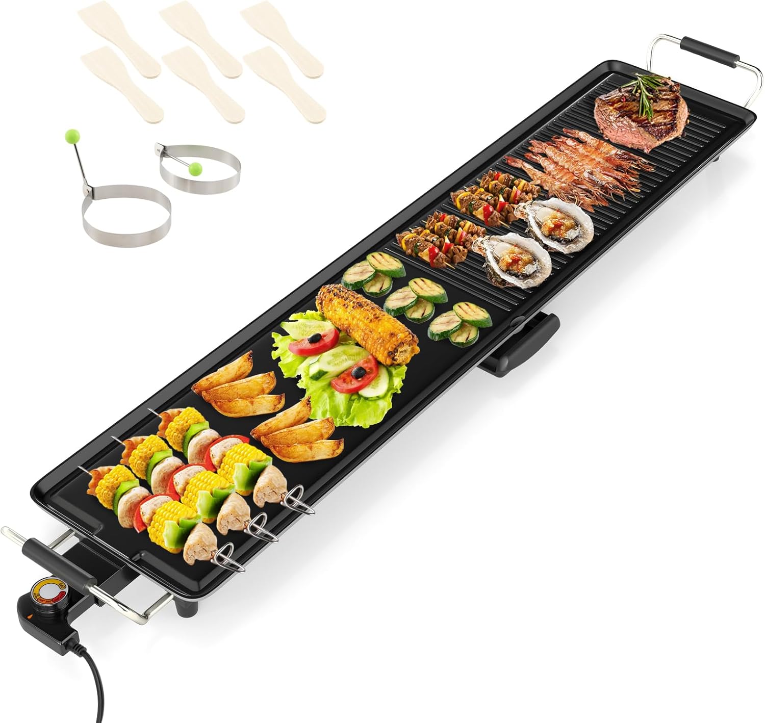 Elektryczna Patelnia Grillowa XXL 1800 W, Regulowany Termostat, Teflonowa i Zmywalna Płyta Grillowa z Wyściełanym Uchwytem, Duża Moc (100 x 24 cm)