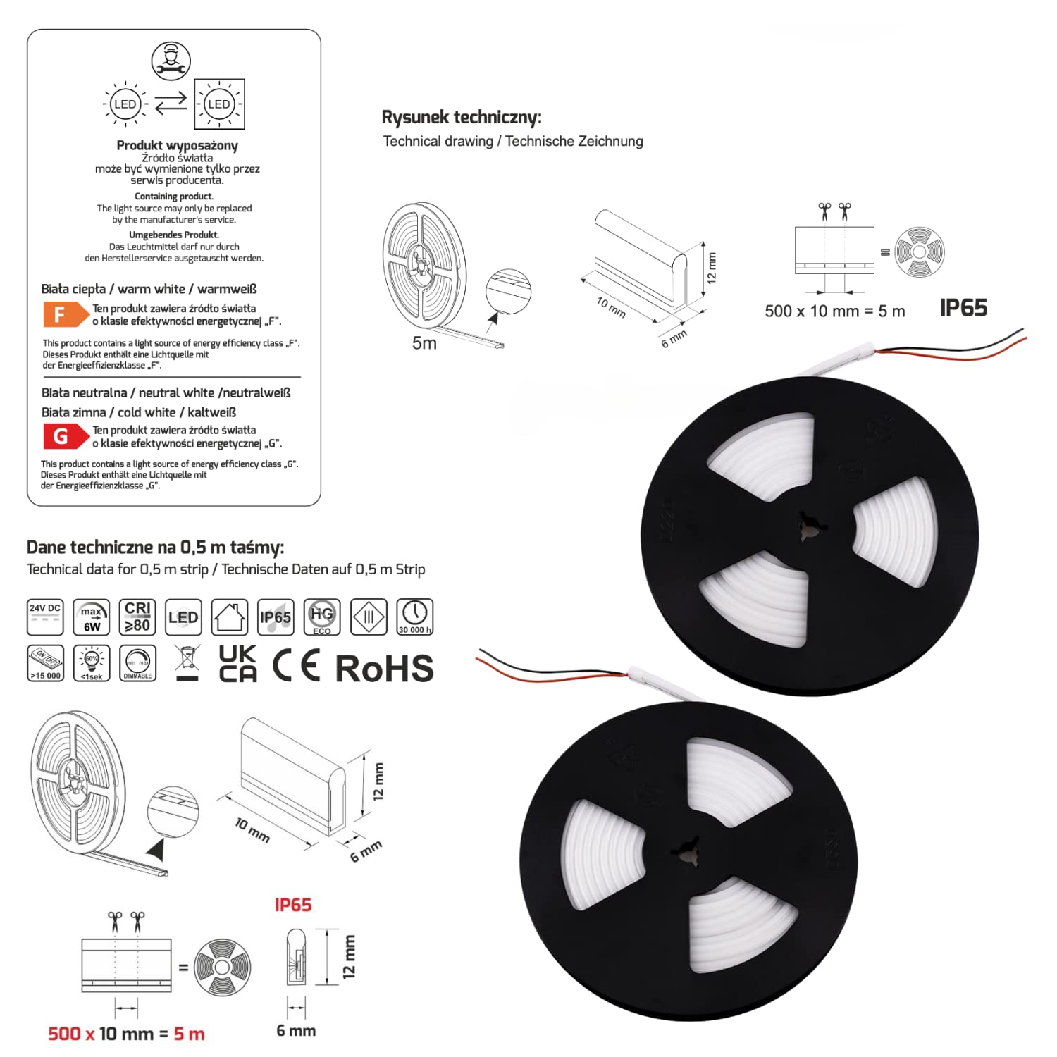 NEONFLEX LED flessibile IP65 24v 12w/m TAGLIO OGNI 1CM - Bobina 5m (Bianco Neutro 4000K) - 5