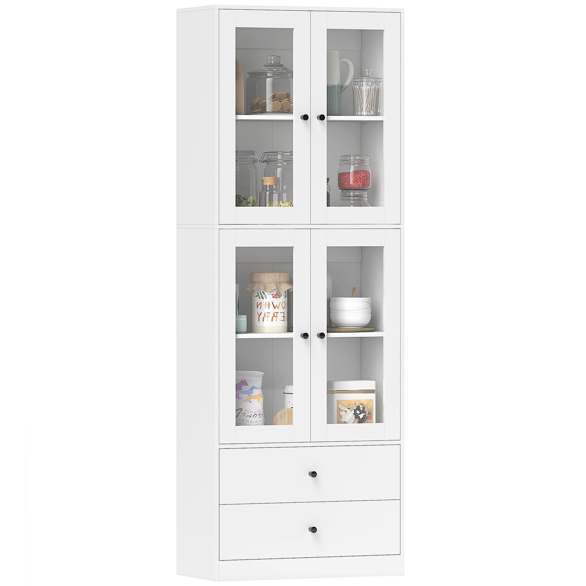 High kitchen cabinet with 4 glass doors 2 drawers adjustable shelves 59x30x170 cm white