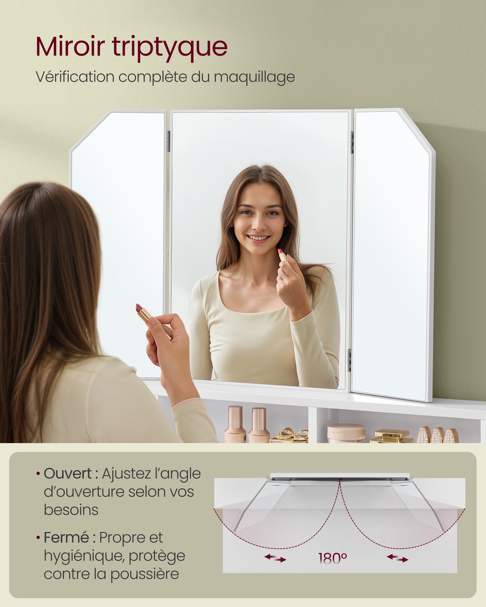 Coiffeuse Avec 3 Miroirs, 2 Tiroirs Et 3 Compartiments De Rangement, Sans Tabouret, 100 x 40 x 142 cm, Blanc - 2