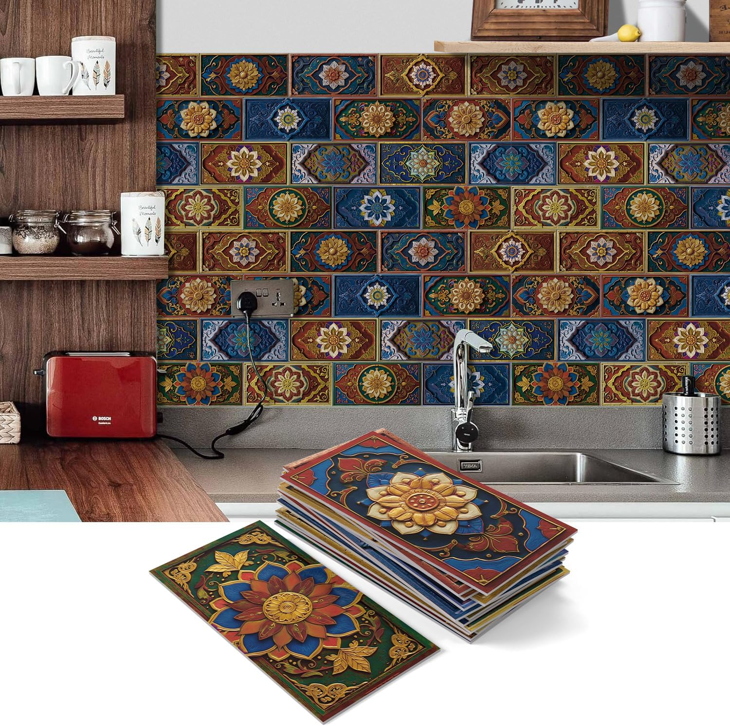 Zestaw 16 samoprzylepnych paneli ściennych, wodoodporne płytki ścienne PCV do backsplash, naklejki ścienne 3D, 20,32 x 10,16 cm