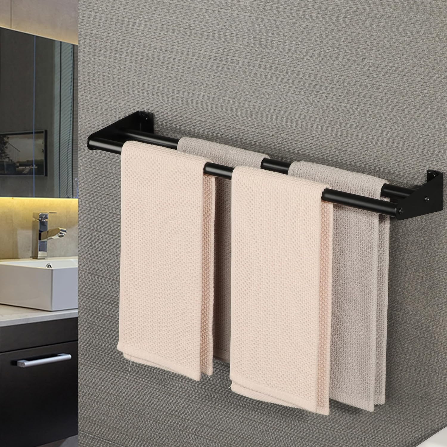 Porte Serviette Salle de Bain, Porte Serviette Murale avec Double Barre, Support Serviette en Acier Inoxydable, Porte Serviette Noir pour Cuisine - 2