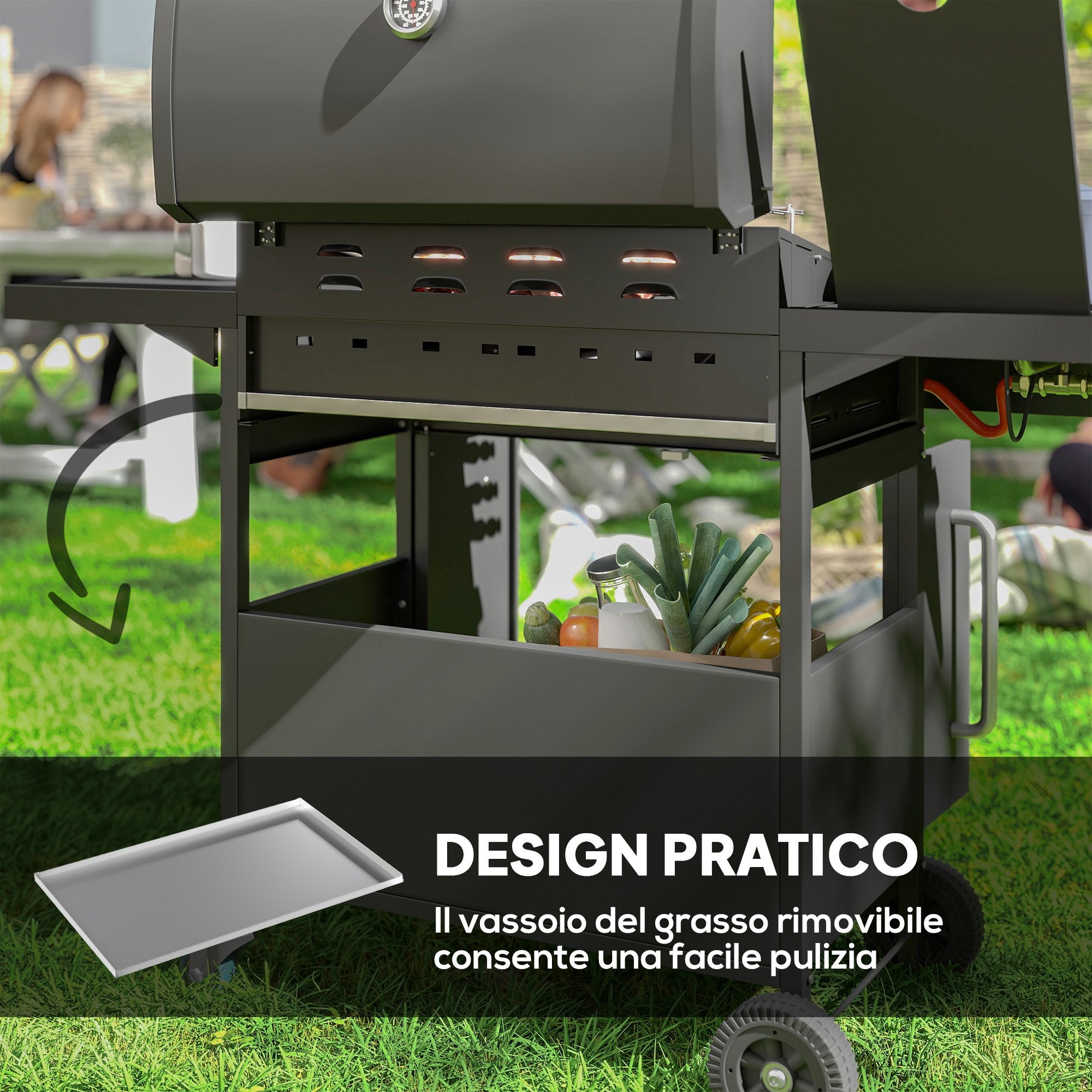 Outsunny Barbecue a Gas con Fornello Laterale, Tavolino e Armadietto, in Acciaio e PP, 129.5x56x110 cm, Nero - 7