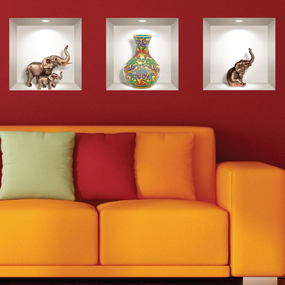 Vinilo 3D elefantes y jarrón viejo - adhesivo de pared - revestimiento sticker mural decorativo - 30x90cm - 2