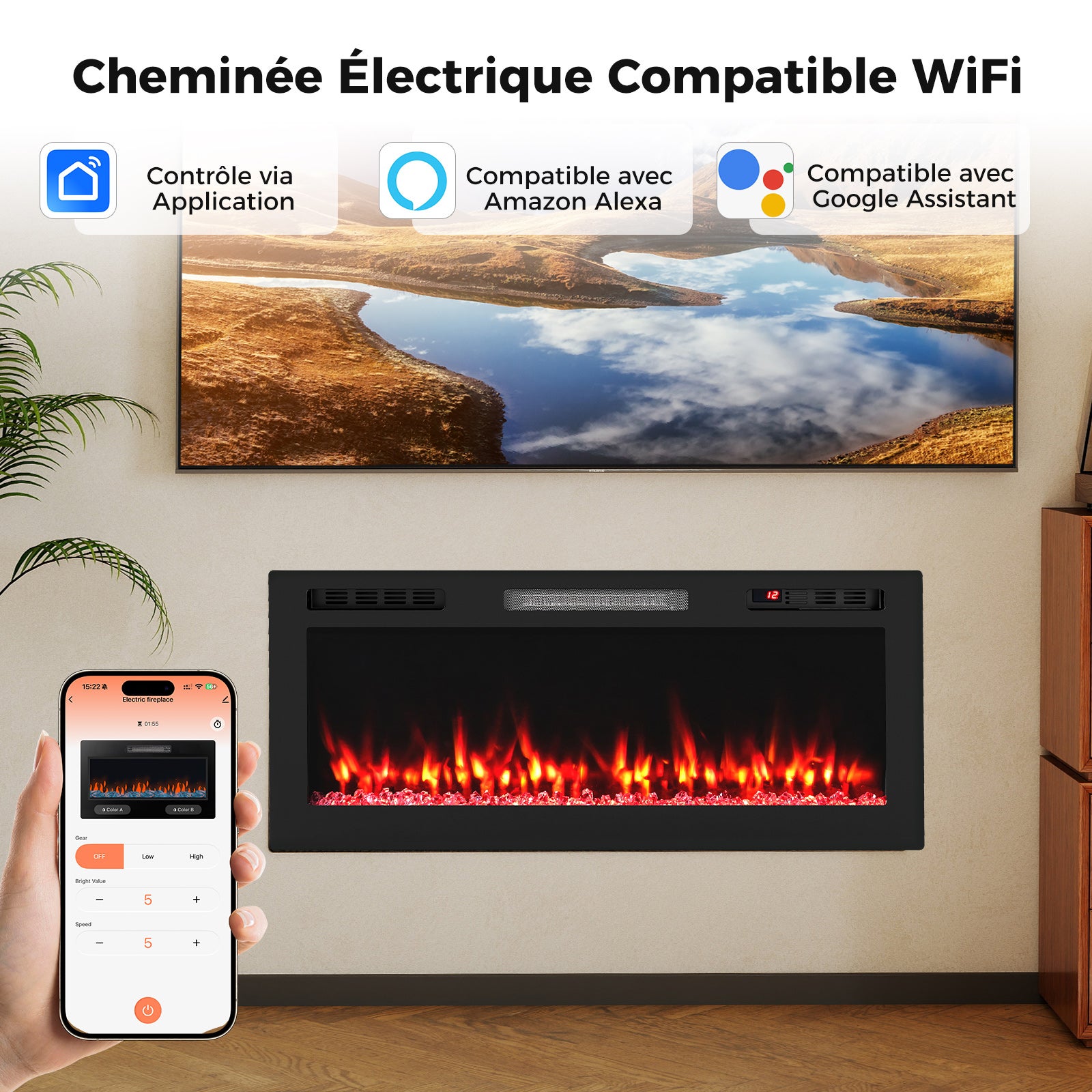 Cheminée Électrique Encastrable/Mural 106,5 CM, Cheminée Chauffage 750W/1500W avec Alexa et Google Assistant, 12 Couleurs & 5 Luminosités, Minuterie - 2