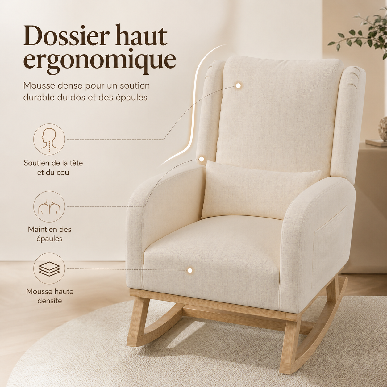 Rocking Chair avec Coussin Lombaire, Allaitement Fauteuil Avec Tapis Antidérapant et Accoudoirs, Chaise Loisir avec Pieds en E' Bois, Beige Lin - 7