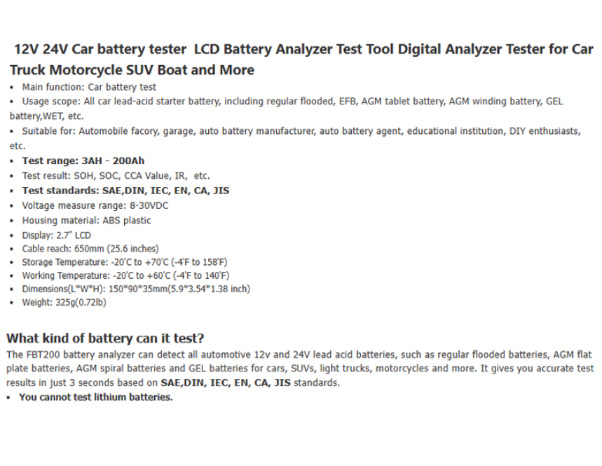 Scanner et testeur de batterie - Testeur de batterie 12 V/24 V - Dépannage - Équipement de diagnostic pour voitures - pour voiture, moto - 4