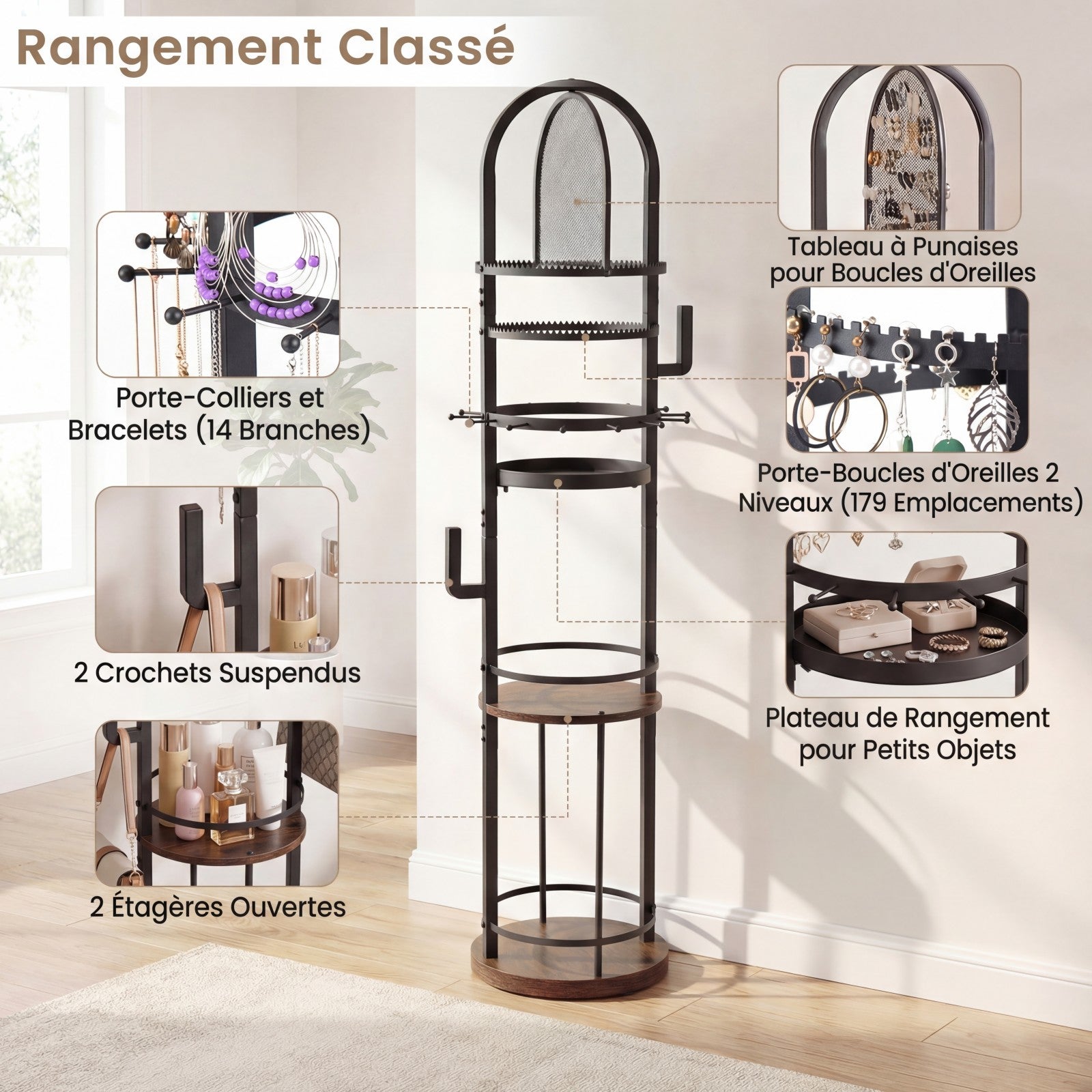 Support de Bijoux sur Pied Rotatif à 360° , Présentoir à Bijoux avec Porte-Boucles d'Oreilles, Colliers et 3 Étagères, Arbre de Rangement, Marron - 3