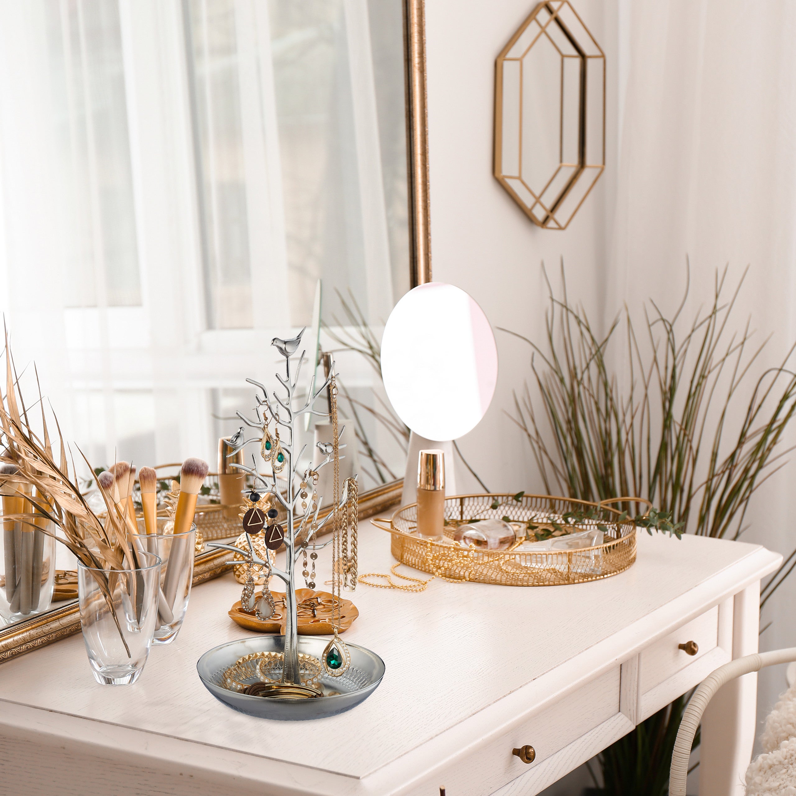 Porte-bijoux en forme d’arbre, pour colliers, boucles d’oreilles, bracelets, HxLxP&nbsp;30 x 16 x 15&nbsp;cm, argenté, Relaxdays - 2