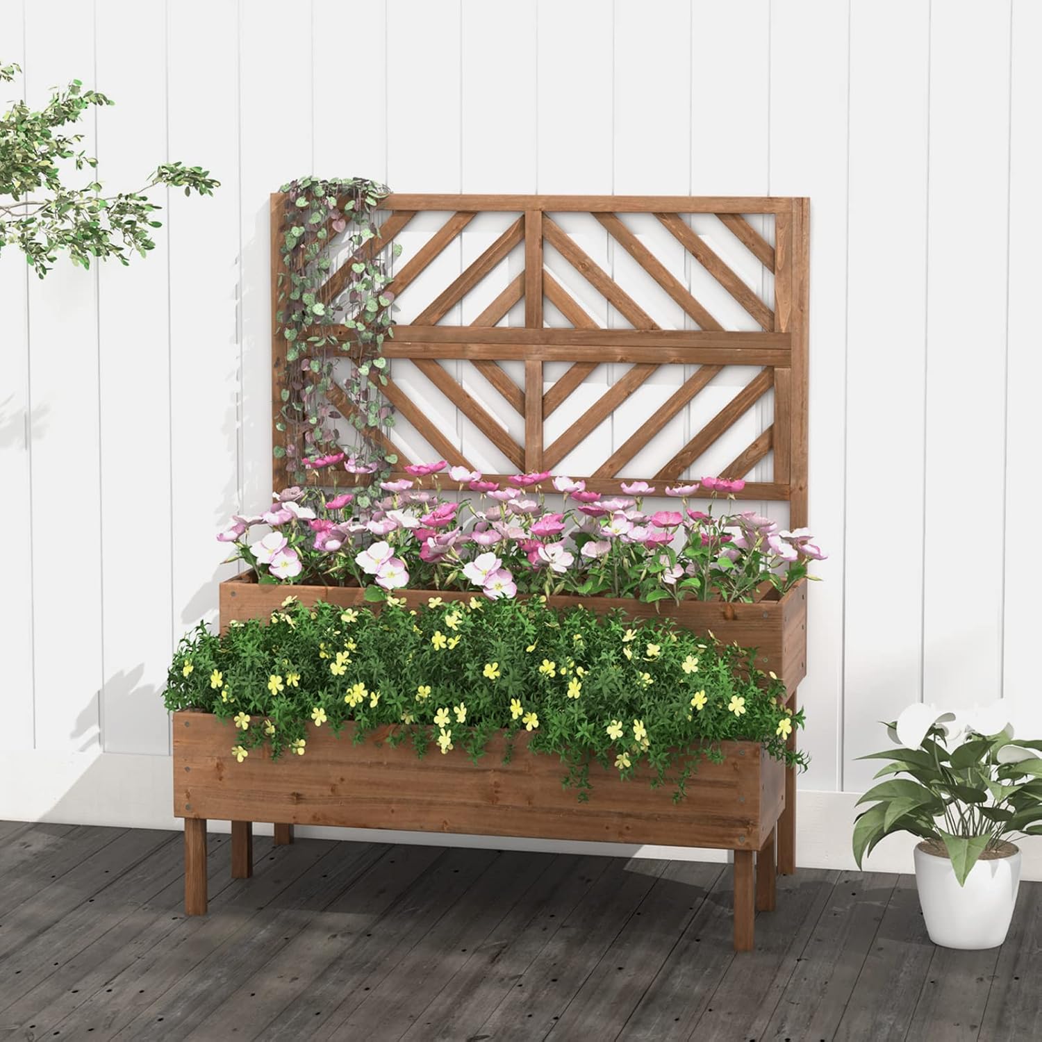 Bac avec Treiliis en Bois Sapin 144L, Jardinière Surélevée 2 Niveaux avec Trou de Drainage, 109 x 62 x 135 cm, Marron - 9