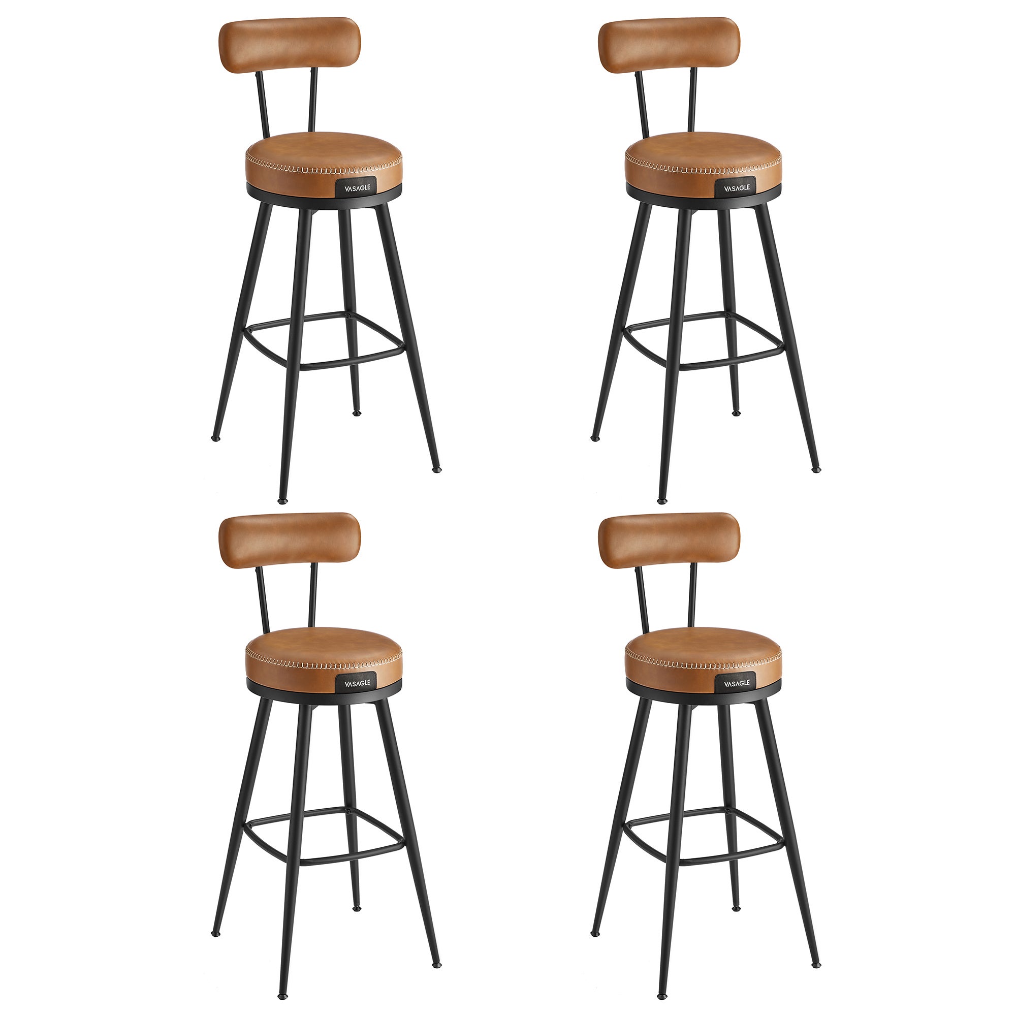 Lot De 4 Tabourets De Bar Avec Dossier - Cuir PU, Métal - Hauteur 65 Cm - Noir