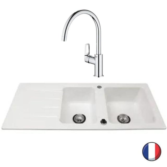 Evier 1 bac et demi 116 x 51 cm VILLEROY ET BOCH Architectura 8 Blanc + Robinet cuisine GROHE Bauloop