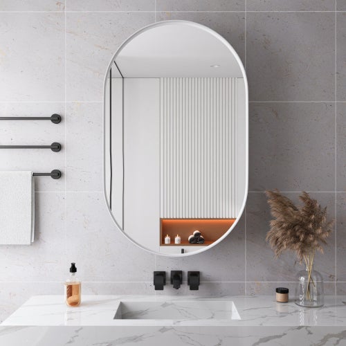 Armario de espejo ovalado elegante con estantes ajustables, marco metálico para baño y dormitorio - blanco