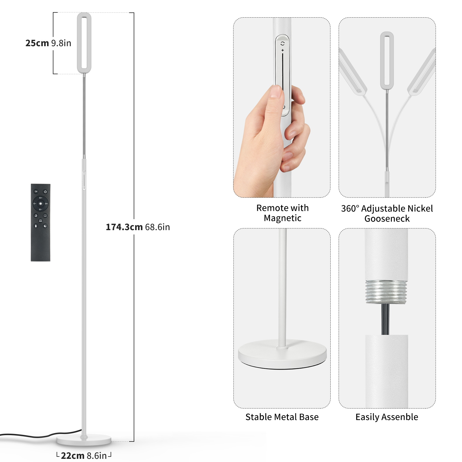 Lampadaire Dimmable LED|Lampadaire Blanc 12W avec télécommande 1150LM,4 températures couleur,salon/chambre/ bureau/hôtel - 7