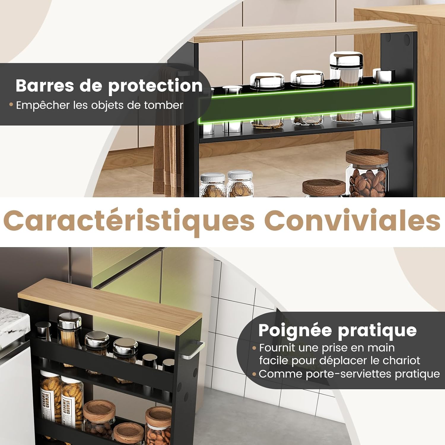 Chariot de Rangement Largeur 13 cm à roulettes, Desserte de Cuisine à 4 Niveaux, Poignée Latérale et Roues Universelles avec Freins (Noir + Naturel) - 5