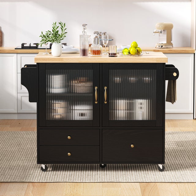 Mobilna wyspa kuchenna z 3 szufladami i 2 drzwiami - 100 x 42/70 x 91,5 cm - MDF - Rozkładany blat - Czarny + naturalny