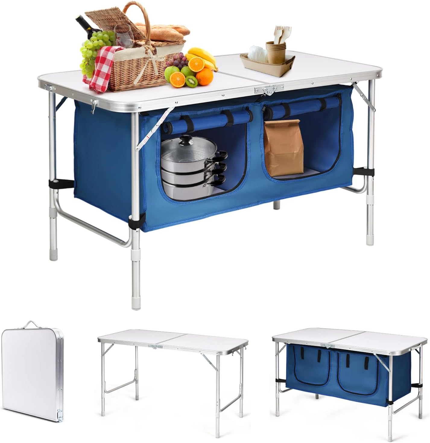 Składany Stół Kempingowy, Kompaktowy Przenośny Stół Turystyczny z Przegrodami i Dwoma Torbami z Zamkiem Błyskawicznym, Niebieski